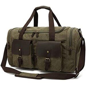 Canvas Duffle Bag Genuine Leather Weekend Bag Carry On Travel Tote (Army Green)